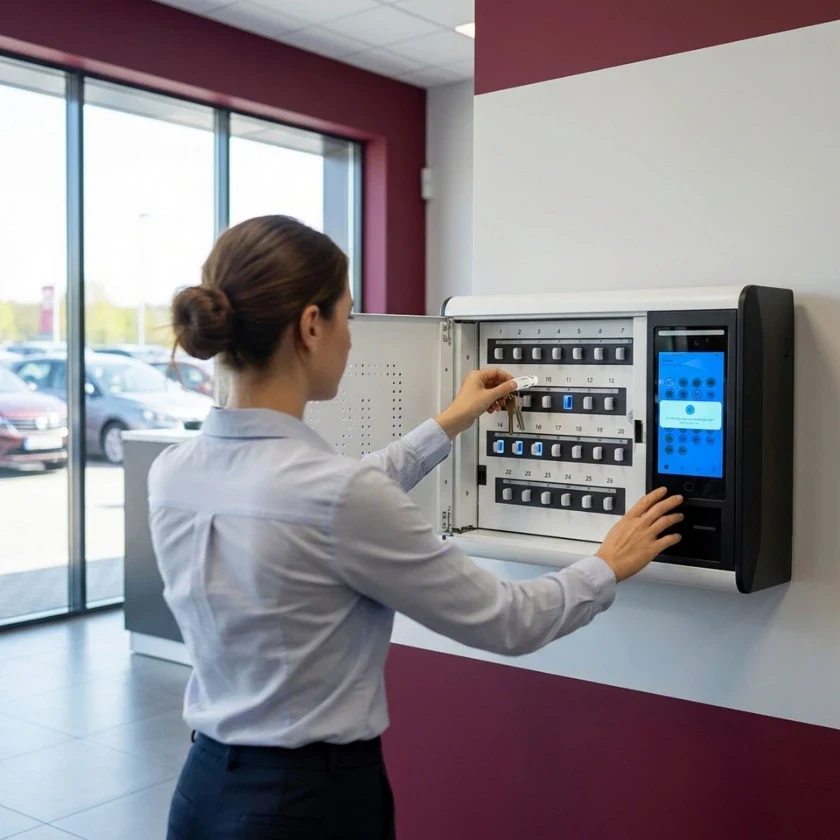 Une collaboratrice retire une clé de l'armoire KM-026 fixée au mur d'un bureau