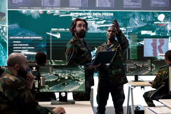 Salle de commandement avec écrans de supervision